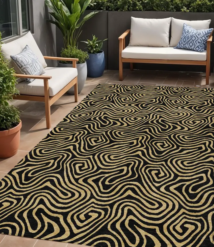 5' X 8' Black And Beige Abstract Washable Indoor Outdoor Area Rug