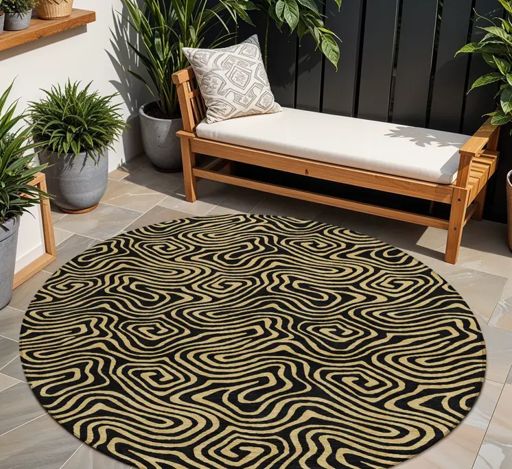 8' Black And Beige Round Abstract Washable Indoor Outdoor Area Rug