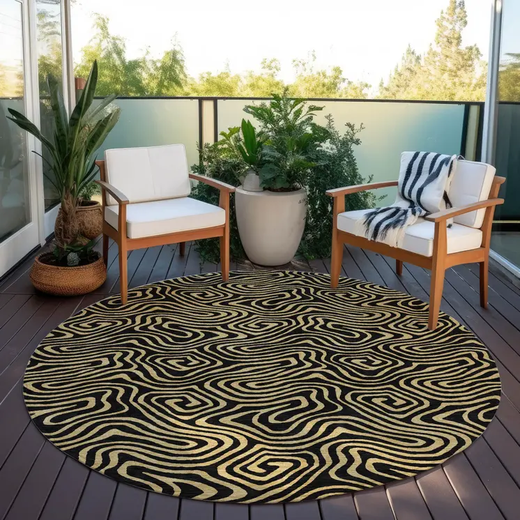 8' Black And Beige Round Abstract Washable Indoor Outdoor Area Rug