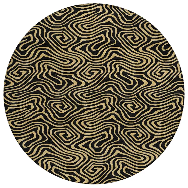 8' Black And Beige Round Abstract Washable Indoor Outdoor Area Rug