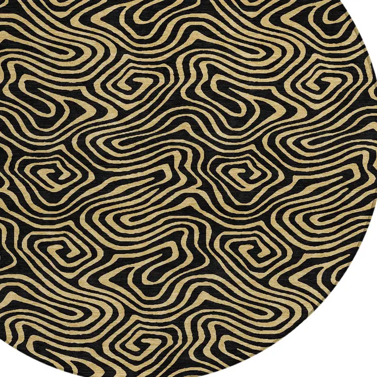 8' Black And Beige Round Abstract Washable Indoor Outdoor Area Rug