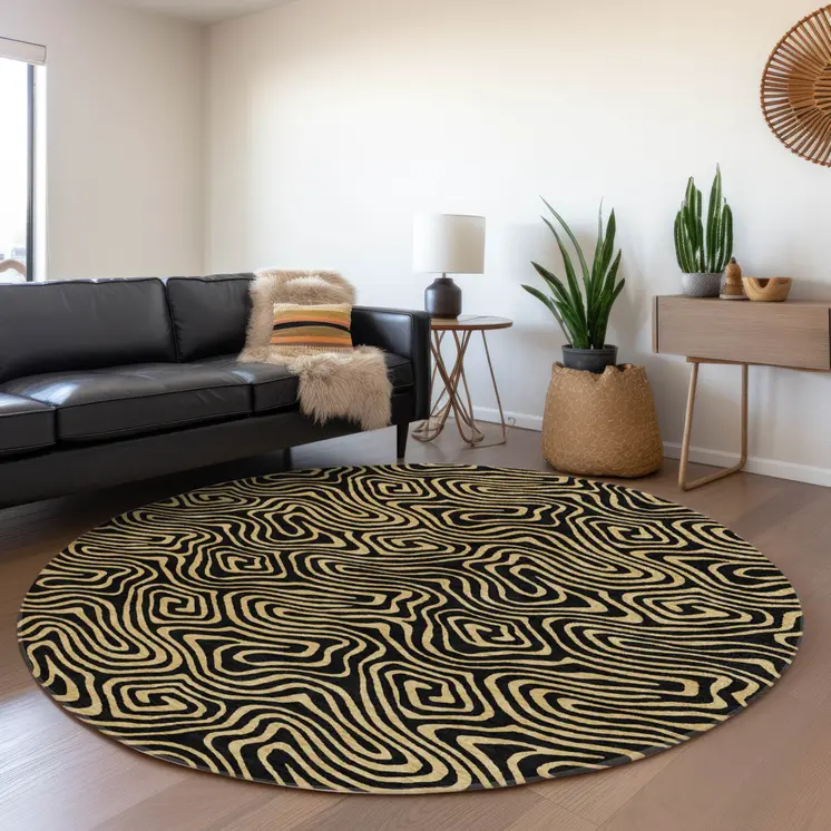 8' Black And Beige Round Abstract Washable Indoor Outdoor Area Rug