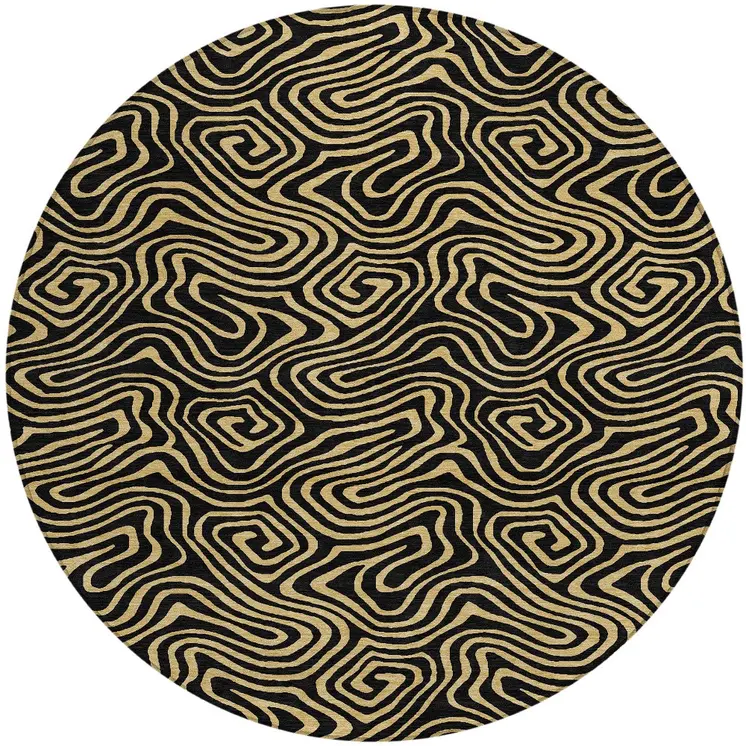 8' Black And Beige Round Abstract Washable Indoor Outdoor Area Rug