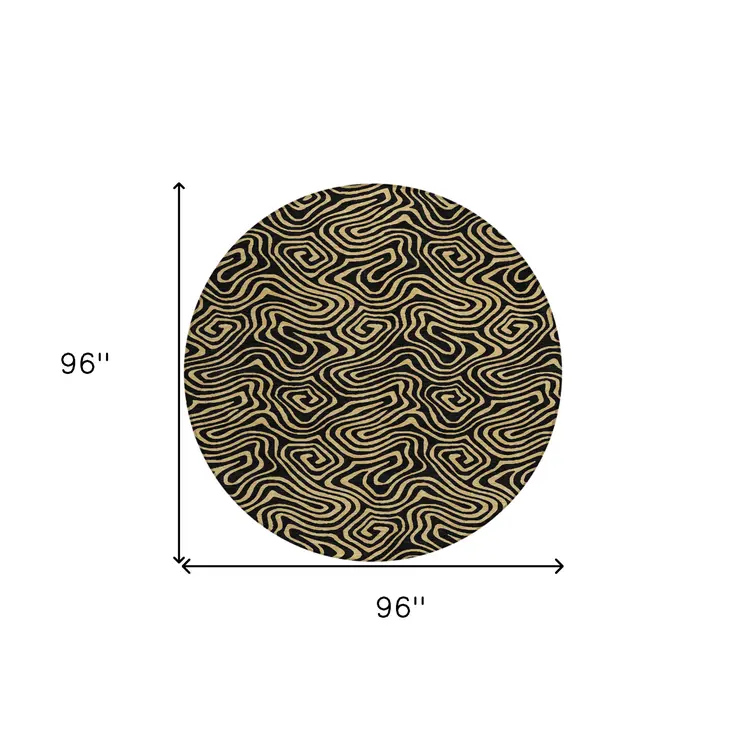 8' Black And Beige Round Abstract Washable Indoor Outdoor Area Rug
