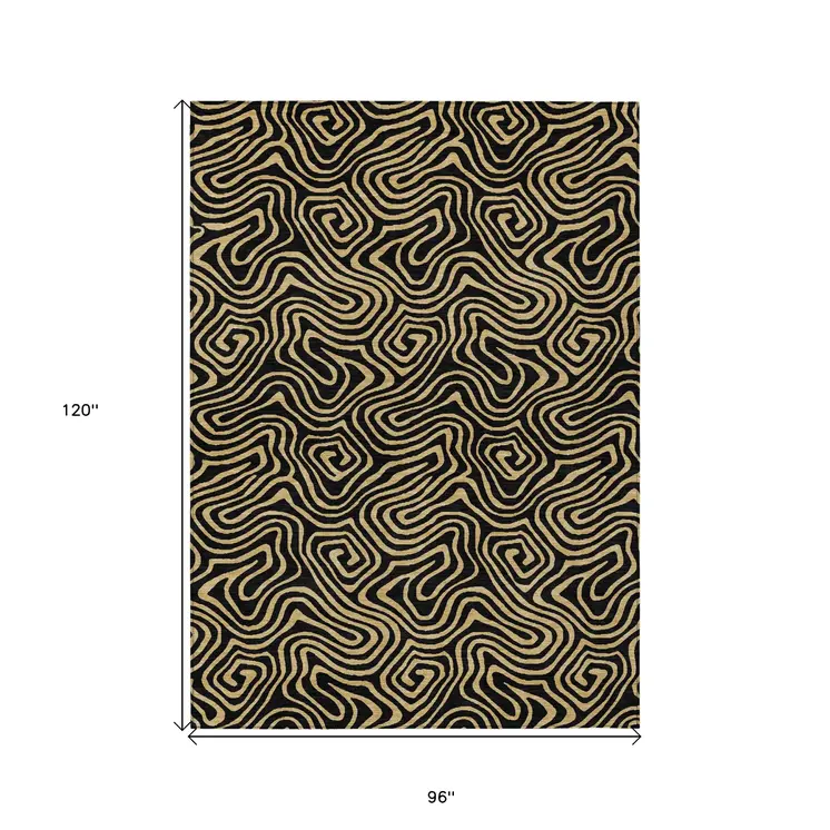 8' X 10' Black And Beige Abstract Washable Indoor Outdoor Area Rug