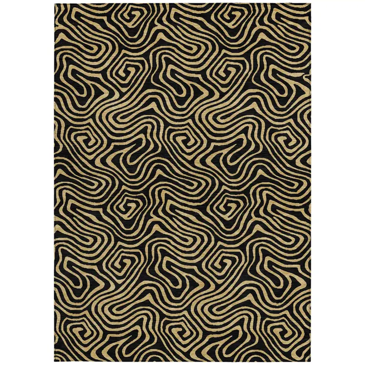 9' X 12' Black And Beige Abstract Washable Indoor Outdoor Area Rug