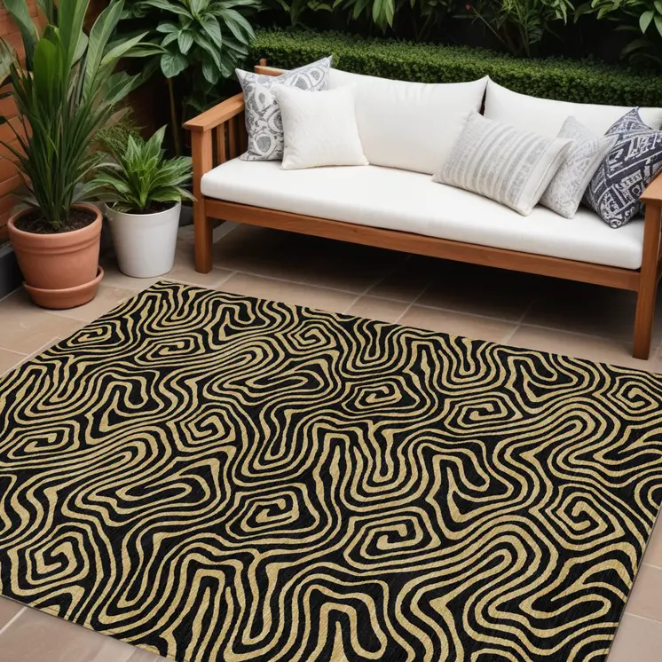 9' X 12' Black And Beige Abstract Washable Indoor Outdoor Area Rug