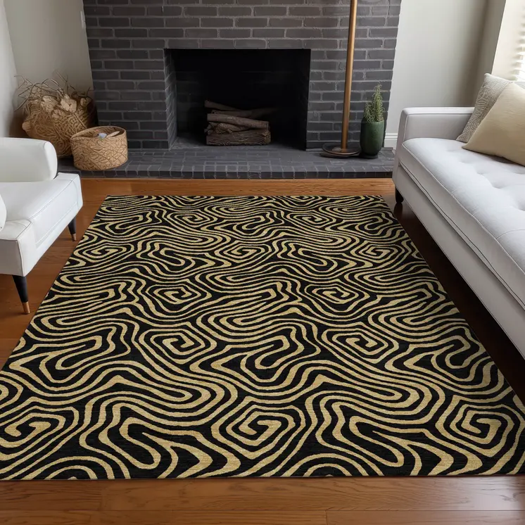 10' X 14' Black And Beige Abstract Washable Indoor Outdoor Area Rug