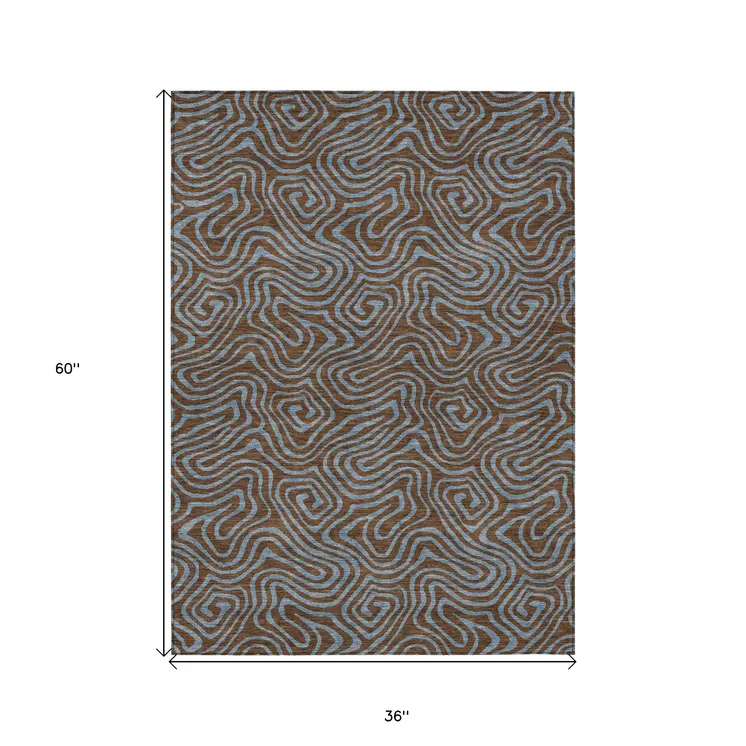 3' X 5' Brown And Light Blue Abstract Washable Indoor Outdoor Area Rug