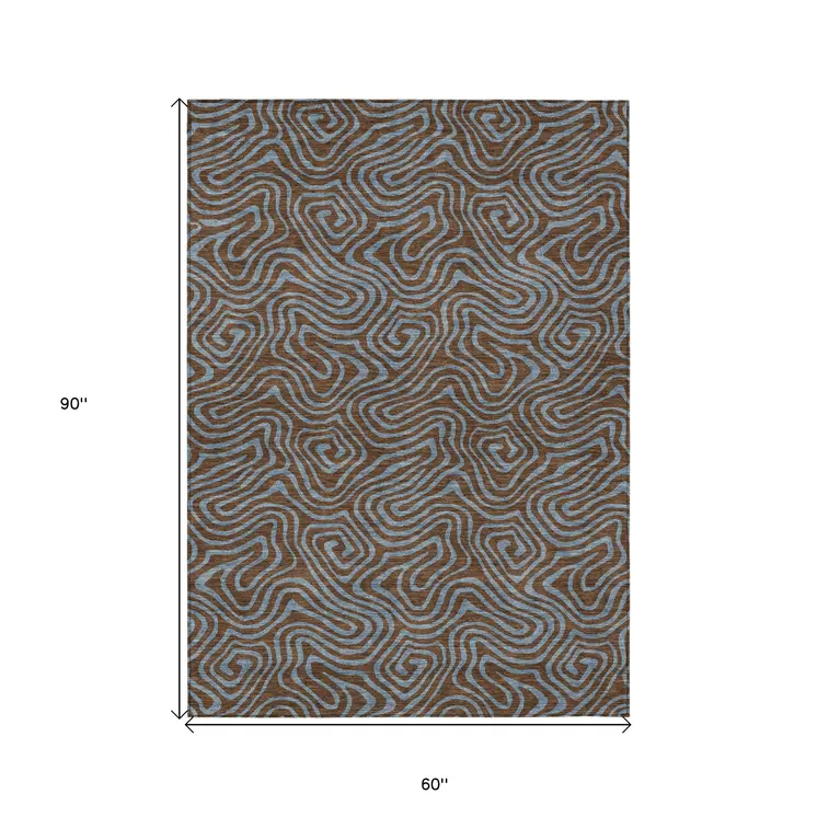 5' X 8' Brown And Light Blue Abstract Washable Indoor Outdoor Area Rug