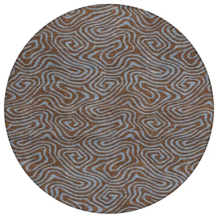 8' Brown And Light Blue Round Abstract Washable Indoor Outdoor Area Rug