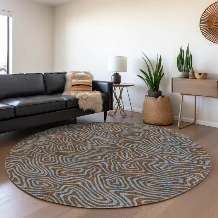 8' Brown And Light Blue Round Abstract Washable Indoor Outdoor Area Rug