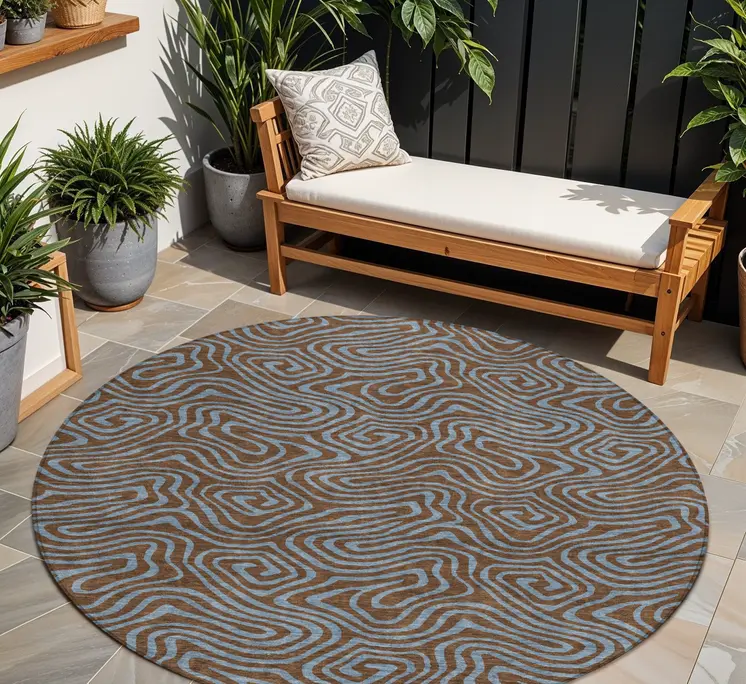 8' Brown And Light Blue Round Abstract Washable Indoor Outdoor Area Rug