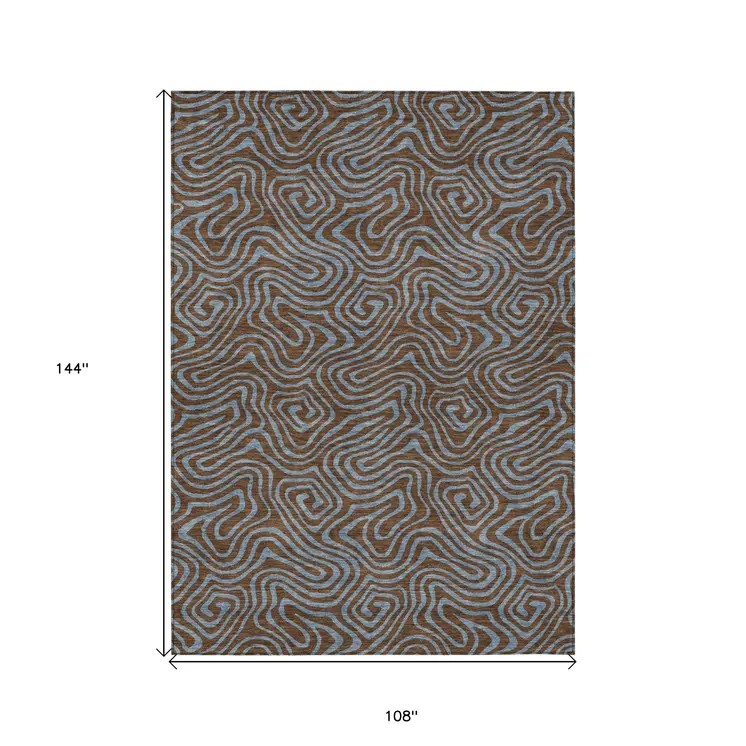 9' X 12' Brown And Light Blue Abstract Washable Indoor Outdoor Area Rug
