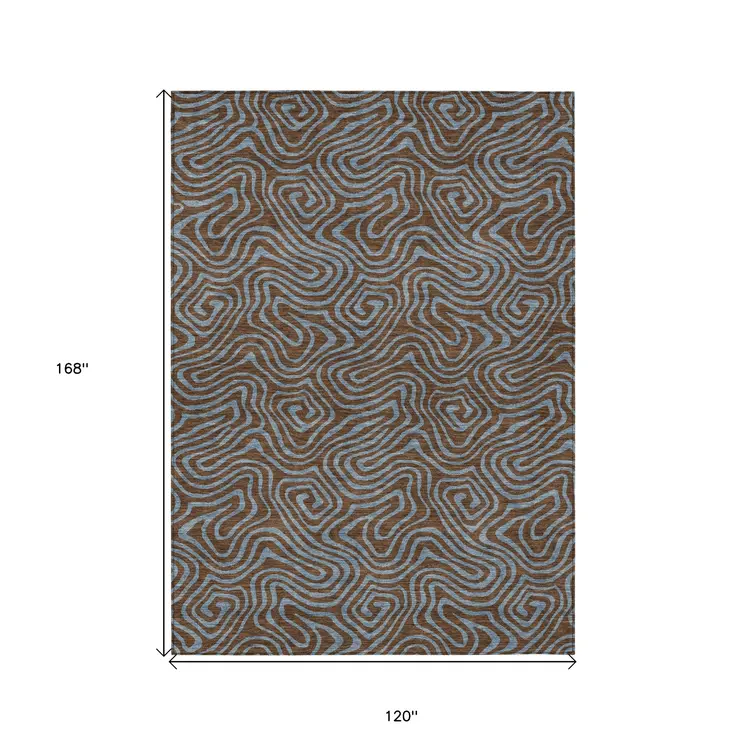 10' X 14' Brown And Light Blue Abstract Washable Indoor Outdoor Area Rug