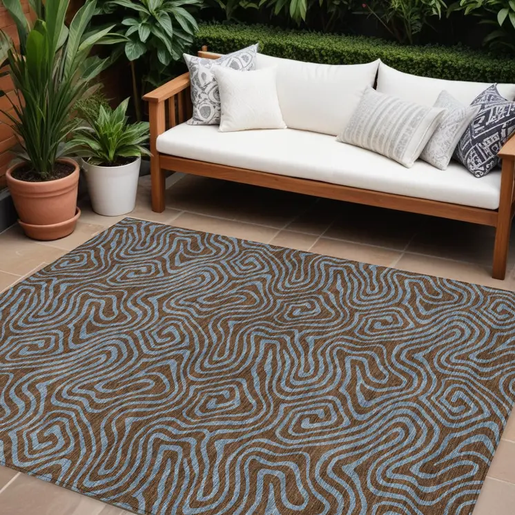 10' X 14' Brown And Light Blue Abstract Washable Indoor Outdoor Area Rug