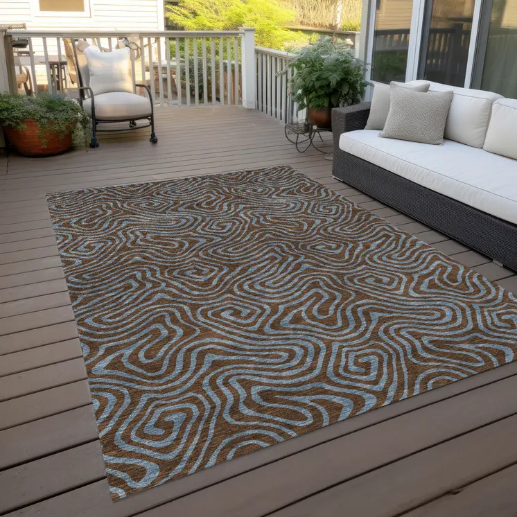 10' X 14' Brown And Light Blue Abstract Washable Indoor Outdoor Area Rug