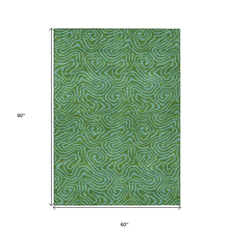 5' X 8' Green And Blue Abstract Washable Indoor Outdoor Area Rug