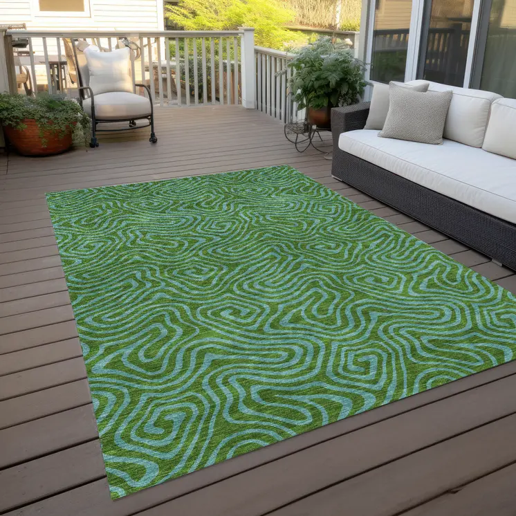 5' X 8' Green And Blue Abstract Washable Indoor Outdoor Area Rug