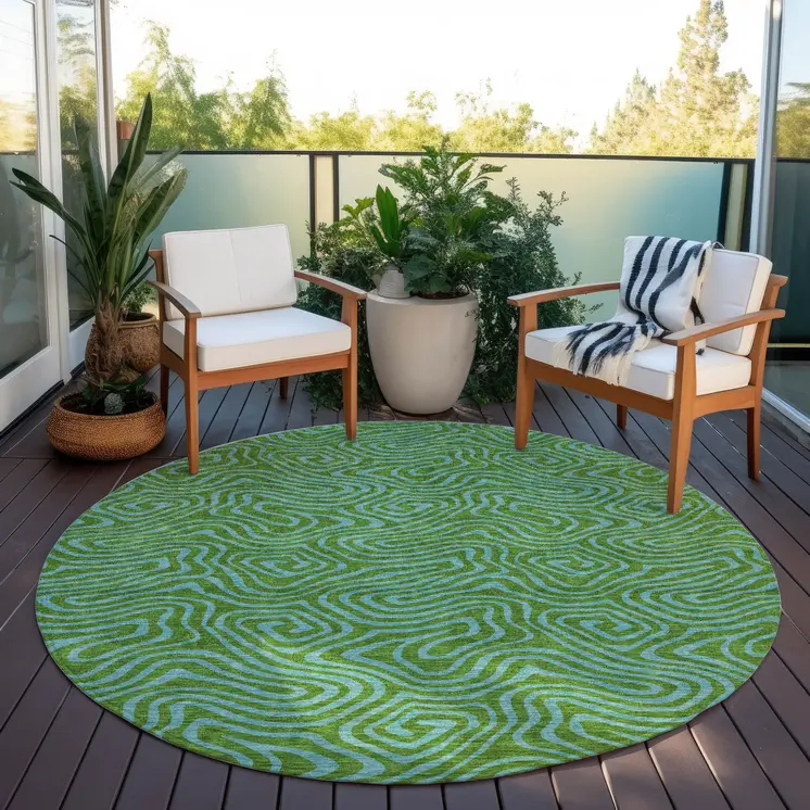 8' Green And Blue Round Abstract Washable Indoor Outdoor Area Rug