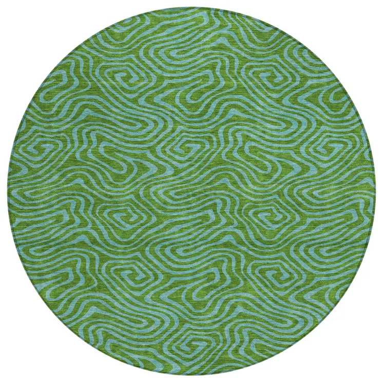 8' Green And Blue Round Abstract Washable Indoor Outdoor Area Rug