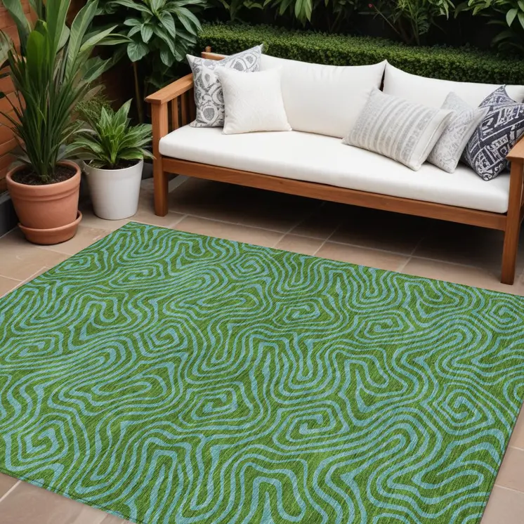 8' X 10' Green And Blue Abstract Washable Indoor Outdoor Area Rug