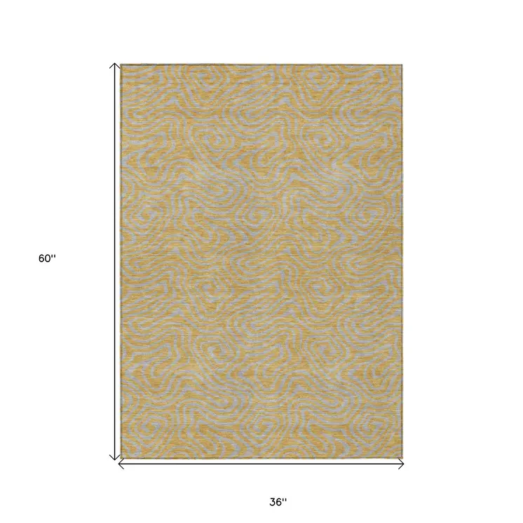 3' X 5' Gold And Gray Abstract Washable Indoor Outdoor Area Rug