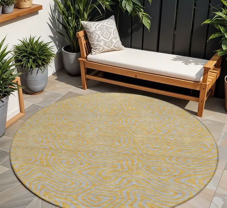8' Gold And Gray Round Abstract Washable Indoor Outdoor Area Rug