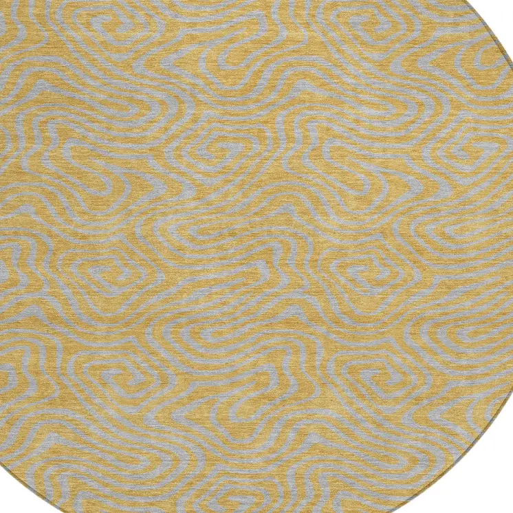 8' Gold And Gray Round Abstract Washable Indoor Outdoor Area Rug