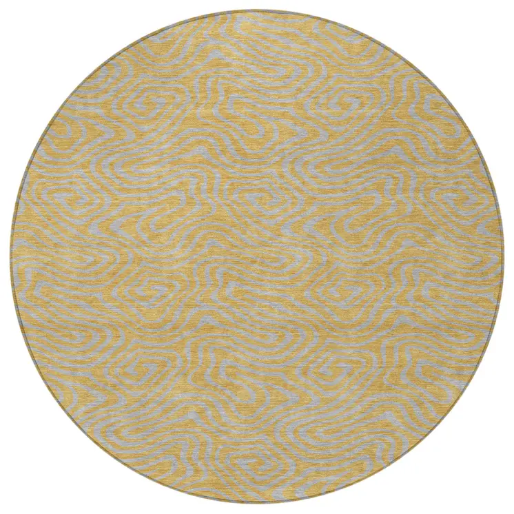 8' Gold And Gray Round Abstract Washable Indoor Outdoor Area Rug