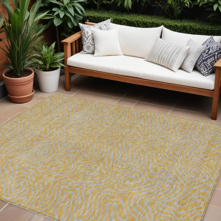 9' X 12' Gold And Gray Abstract Washable Indoor Outdoor Area Rug
