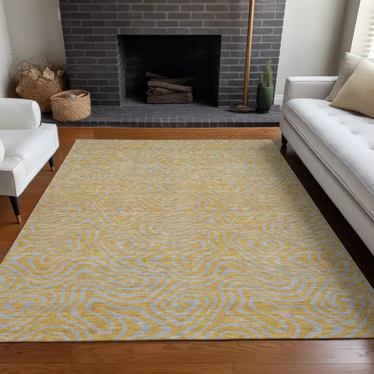 10' X 14' Gold And Gray Abstract Washable Indoor Outdoor Area Rug