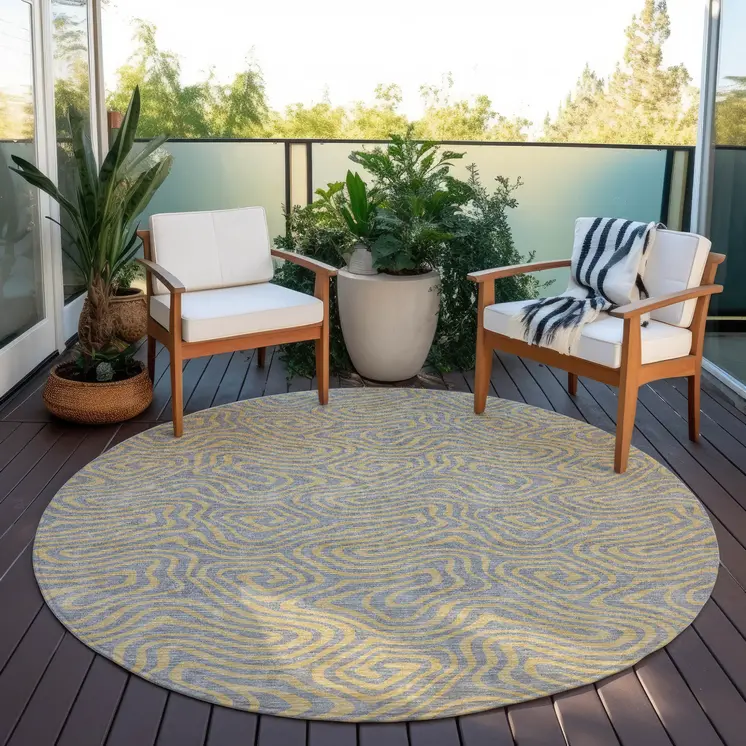 8' Gray And Beige Round Abstract Washable Indoor Outdoor Area Rug