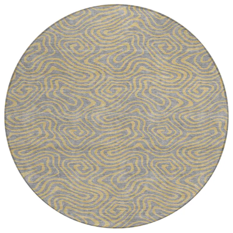 8' Gray And Beige Round Abstract Washable Indoor Outdoor Area Rug
