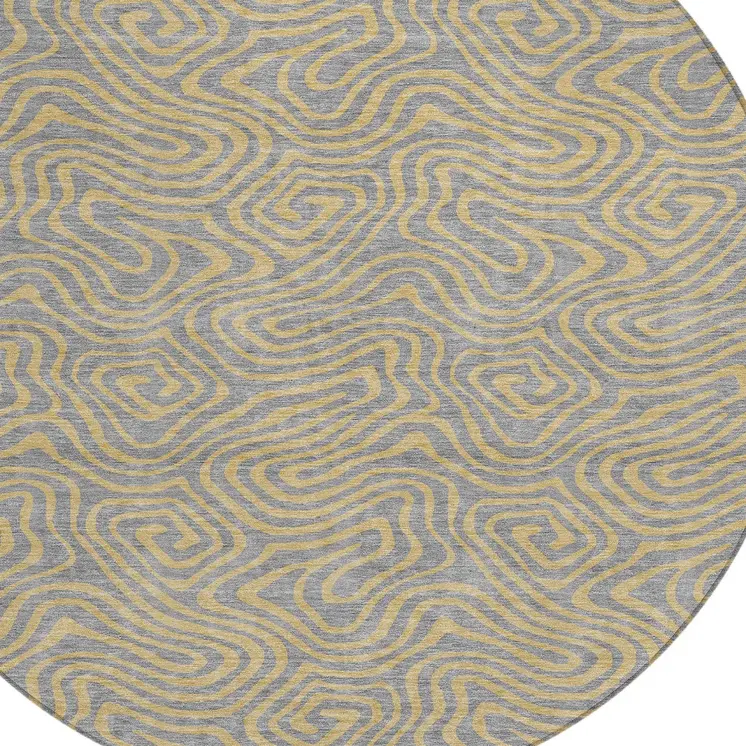 8' Gray And Beige Round Abstract Washable Indoor Outdoor Area Rug