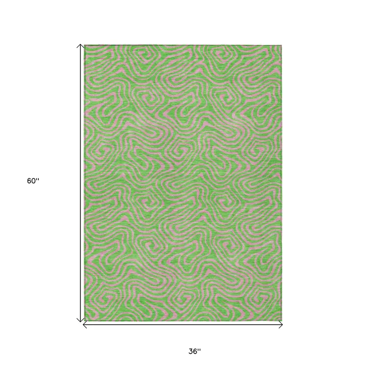 3' X 5' Lime Green And Pink Abstract Washable Indoor Outdoor Area Rug