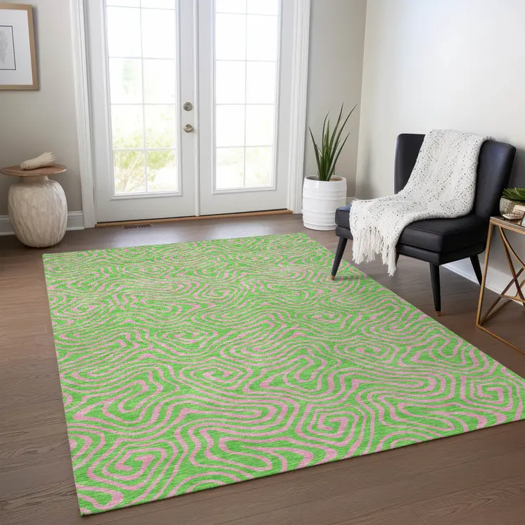 3' X 5' Lime Green And Pink Abstract Washable Indoor Outdoor Area Rug