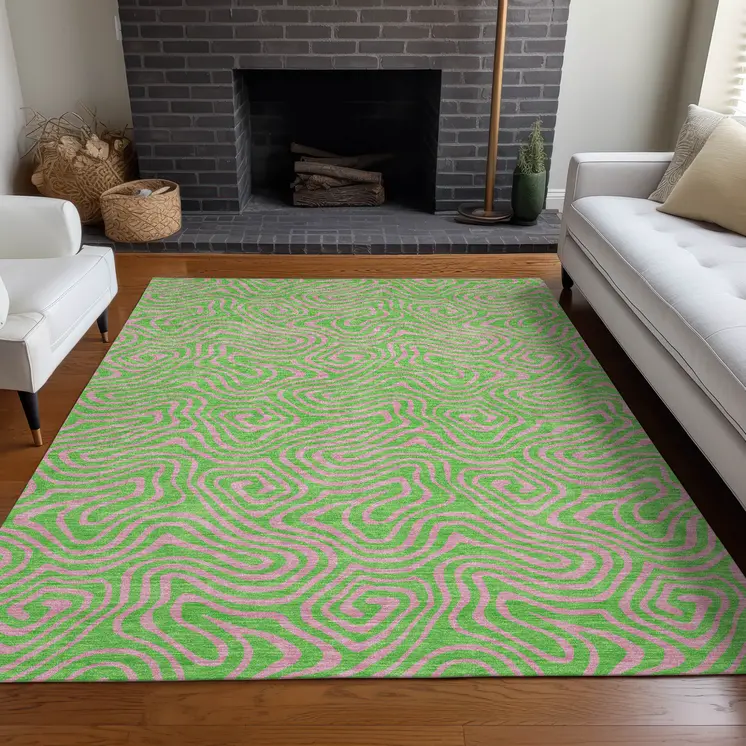 3' X 5' Lime Green And Pink Abstract Washable Indoor Outdoor Area Rug