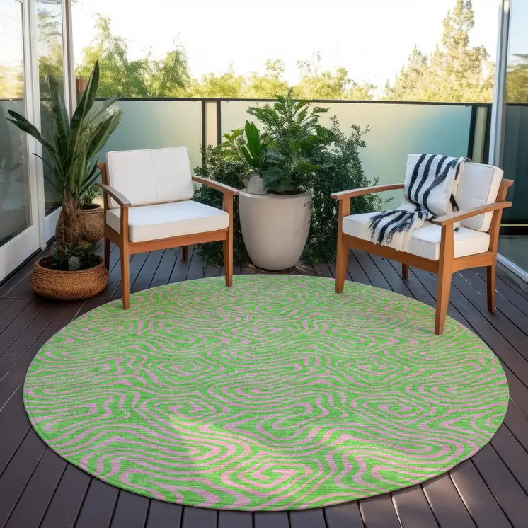 8' Lime Green And Pink Round Abstract Washable Indoor Outdoor Area Rug