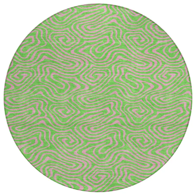 8' Lime Green And Pink Round Abstract Washable Indoor Outdoor Area Rug