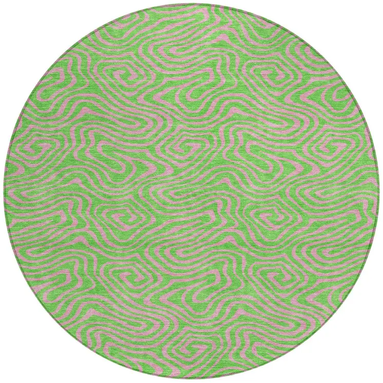 8' Lime Green And Pink Round Abstract Washable Indoor Outdoor Area Rug