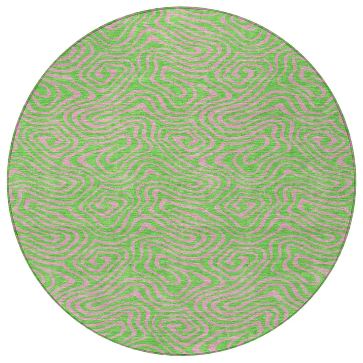 8' Lime Green And Pink Round Abstract Washable Indoor Outdoor Area Rug