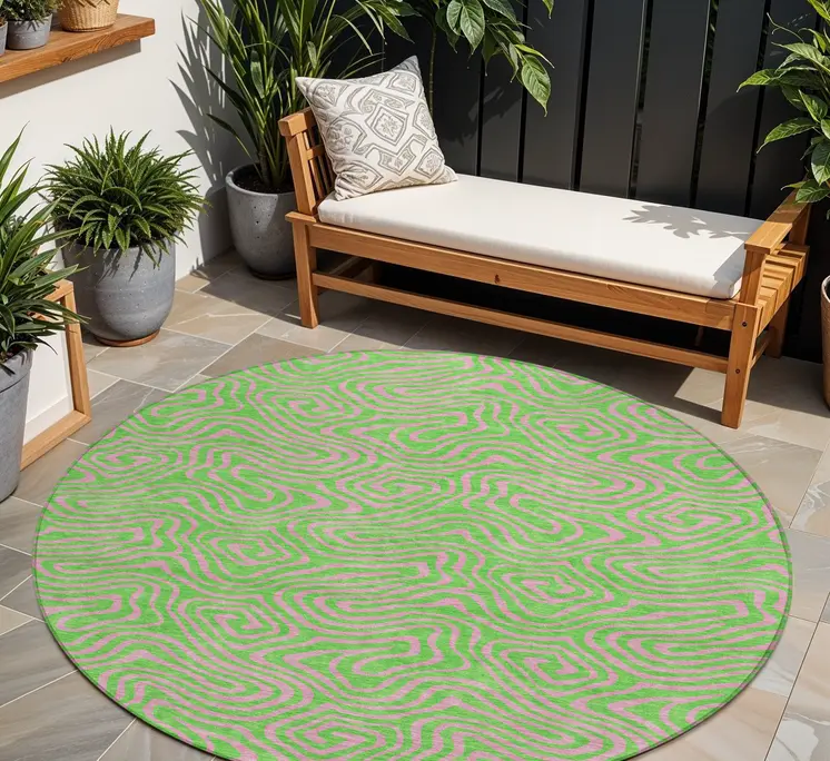 8' Lime Green And Pink Round Abstract Washable Indoor Outdoor Area Rug