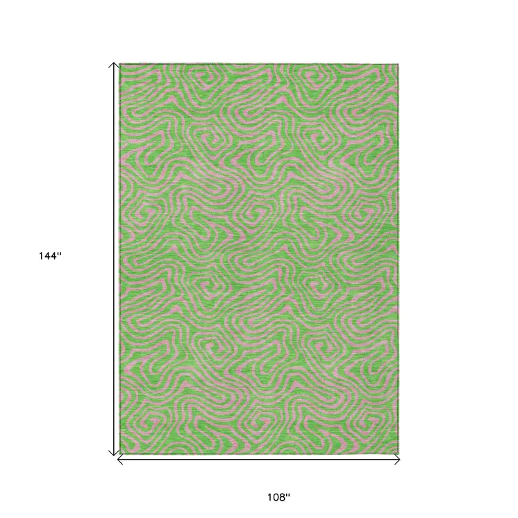 9' X 12' Lime Green And Pink Abstract Washable Indoor Outdoor Area Rug