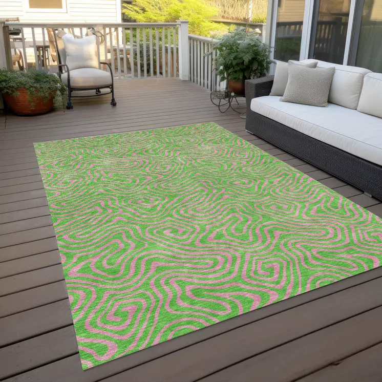 10' X 14' Lime Green And Pink Abstract Washable Indoor Outdoor Area Rug