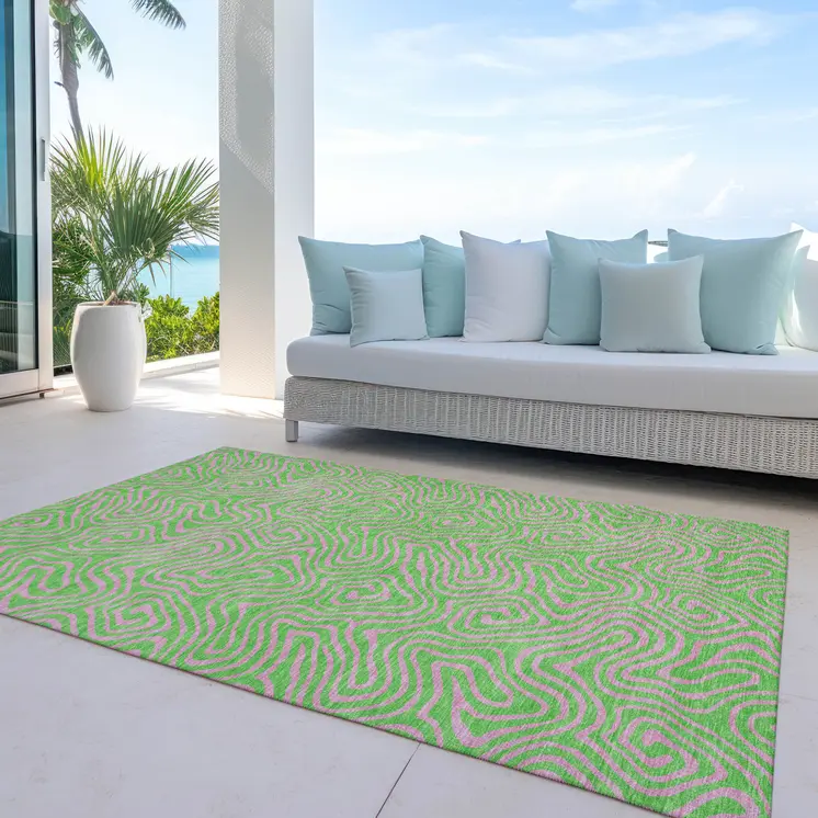 10' X 14' Lime Green And Pink Abstract Washable Indoor Outdoor Area Rug