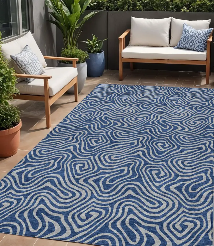 5' X 8' Navy Blue And Gray Abstract Washable Indoor Outdoor Area Rug