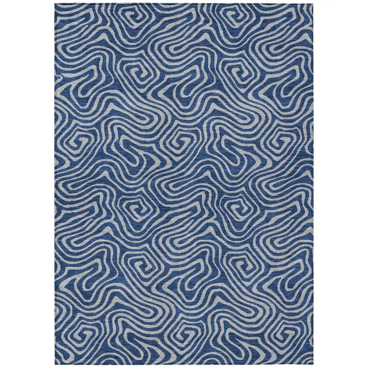 5' X 8' Navy Blue And Gray Abstract Washable Indoor Outdoor Area Rug