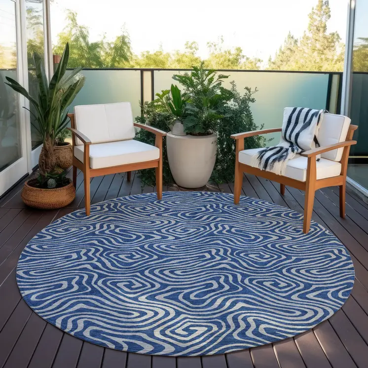 8' Navy Blue And Gray Round Abstract Washable Indoor Outdoor Area Rug