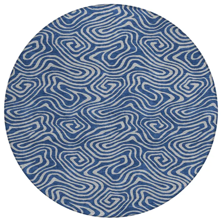 8' Navy Blue And Gray Round Abstract Washable Indoor Outdoor Area Rug